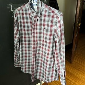 Medium casual cotton gray, black, and red plaid shirt